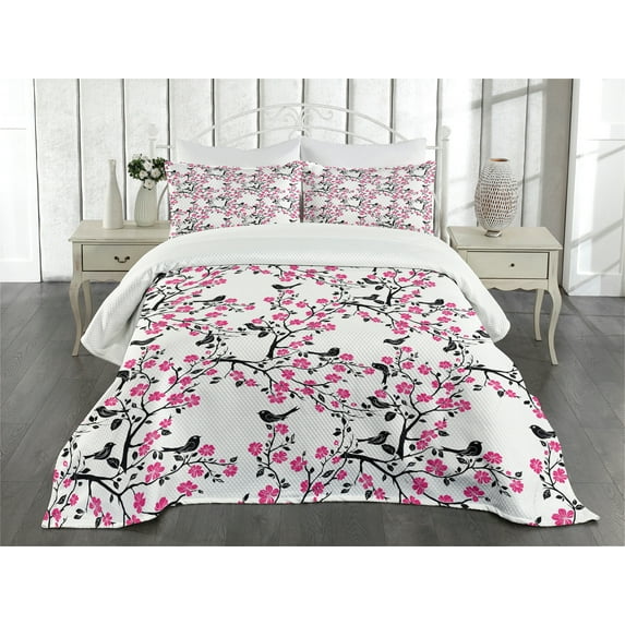 Ambesonne Cherry Blossom Quilted Bedspread Set 3 Pcs, Sakura Tree Bird, Queen Size, Black Hot Pink White