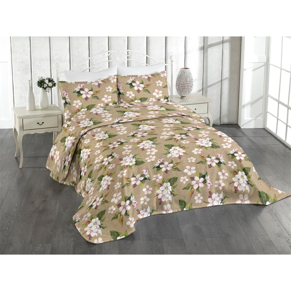 Ambesonne Cherry Blossom Quilted Coverlet 3 Pcs, Japanese Flowers Art, Queen Size, Forest Green Camel Rose