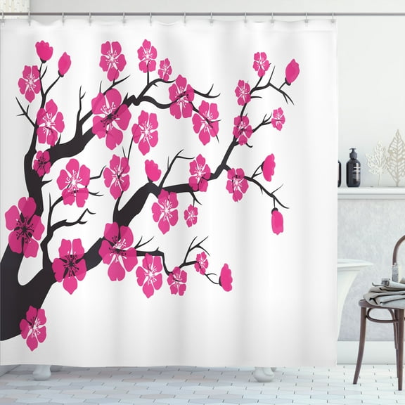 Ambesonne Cherry Blossom Shower Curtain, Floral Sakura Tree, 69"Wx84"L, Charcoal Grey Pink