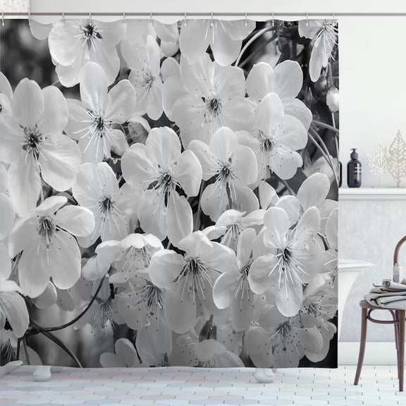 Ambesonne Cherry Blossom Shower Curtain, Flowers Monochrome, 69"Wx70"L, Charcoal Grey and White