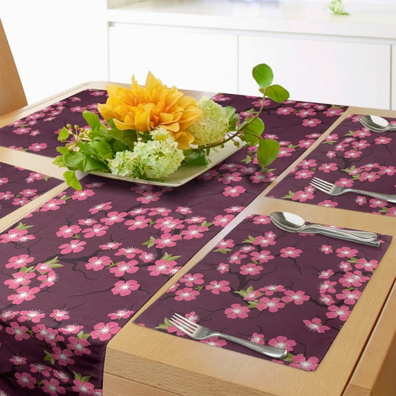 Ambesonne Cherry Blossom Table Runner & Placemats, April in Asia, Placemat 4 pcs + Runner 14"x72", Plum Pink Green
