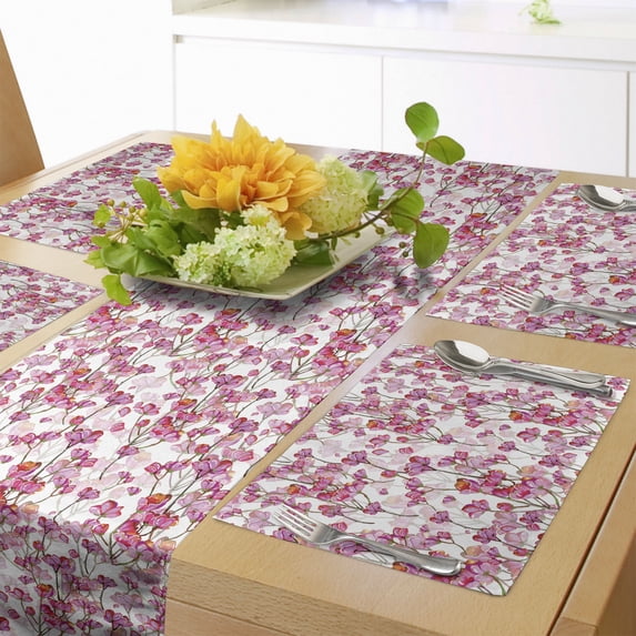 Ambesonne Cherry Blossom Table Runner & Placemats, Bubbly Petals, Placemat 4 pcs + Runner 12"x72", Pink Green and Orange