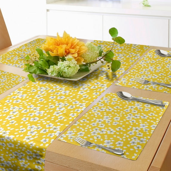 Ambesonne Cherry Blossom Table Runner & Placemats, Naive Motif, Placemat 4 pcs + Runner 16"x90", Yellow White Black