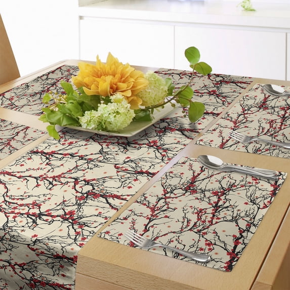 Ambesonne Cherry Blossom Table Runner & Placemats, Red Flowers Tree, Placemat 4 pcs + Runner 16"x90", Beige Scarlet Black