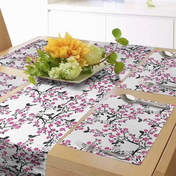Ambesonne Cherry Blossom Table Runner & Placemats, Sakura Tree Bird, Placemat 4 pcs + Runner 16"x72", Black Hot Pink White