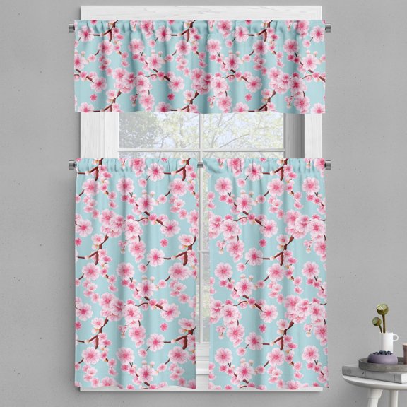 Ambesonne Cherry Blossom Valance & Curtain, Inspirational Garden, 55"x30", Pale Blue Redwood Pink