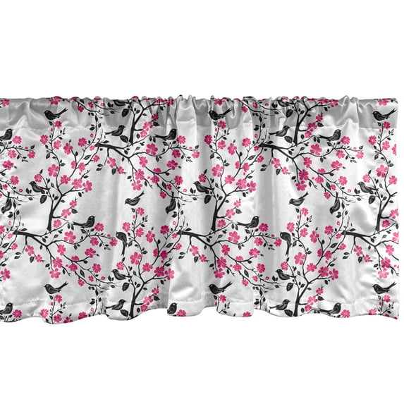 Ambesonne Cherry Blossom Window Valance, Sakura Tree Bird, 54" X 18", Black Hot Pink White