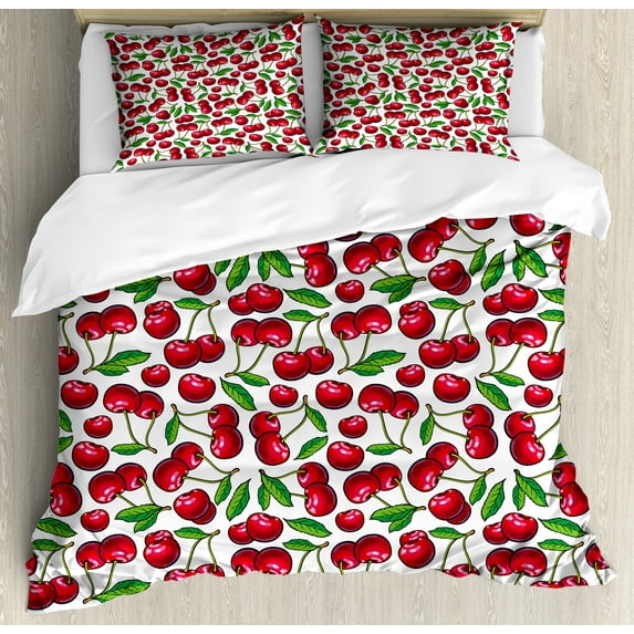 Ambesonne Cherry Duvet Cover Set, Cartoon Summer Fruit Art, 2-Calking, Raspberry Dark Pink