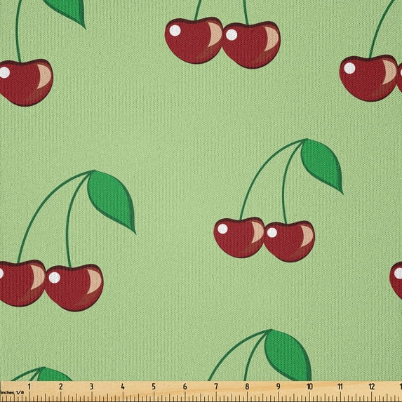 Ambesonne Cherry Fabric by the Yard Microfiber, Simplistic Cherries, 3 Yards, Pale Green Burgundy