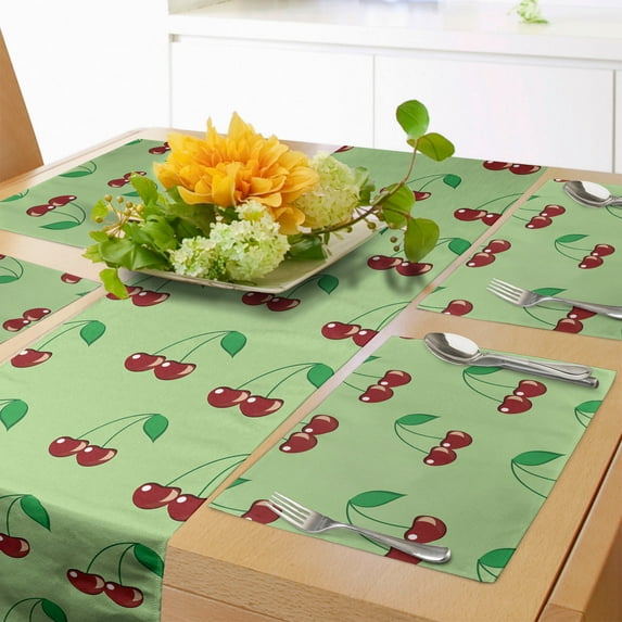 Ambesonne Cherry Table Runner & Placemats, Simplistic Cherries, Placemat 4 pcs + Runner 14"x90", Pale Green Burgundy