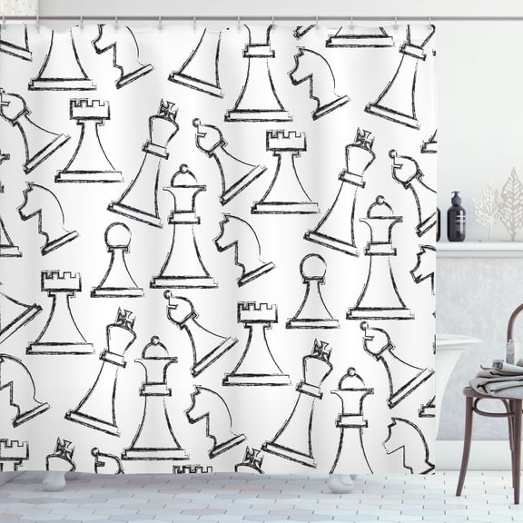 Ambesonne Chess Theme Shower Curtain, Outline Sketchy Pieces, 69"Wx70"L, Charcaol Grey and White