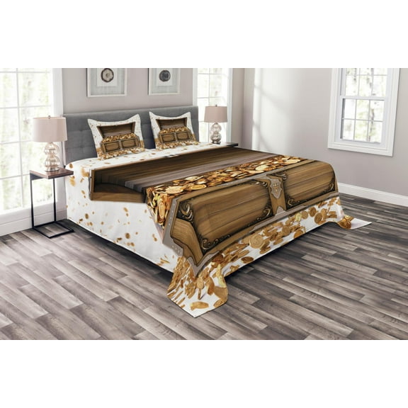 Ambesonne Chest Quilted Bedspread Set 3 Pcs, Wealth Themed Gold Coins, King Size, Umber Earth Yellow