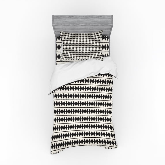 Ambesonne Chevron Bedding Set 3 Pcs, Retro Horizontal Stripes, Twin XL, Ivory and Black