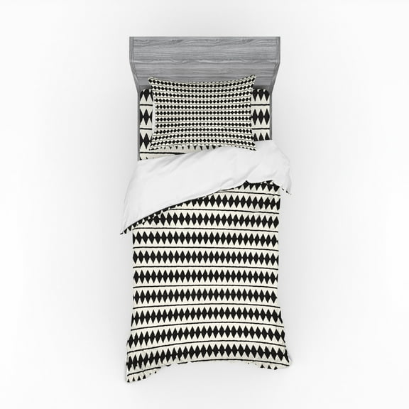 Ambesonne Chevron Bedding Set 3 Pcs, Retro Horizontal Stripes, Twin XL, Ivory and Black