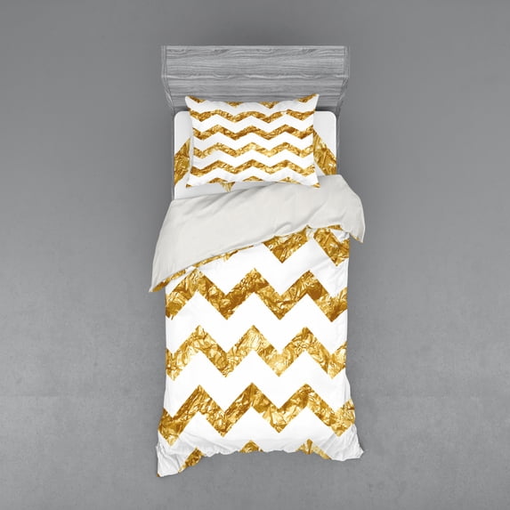 Ambesonne Chevron Bedding Set 3 Pcs, Zigzag Pattern Modern, Twin, Pale Coffee White