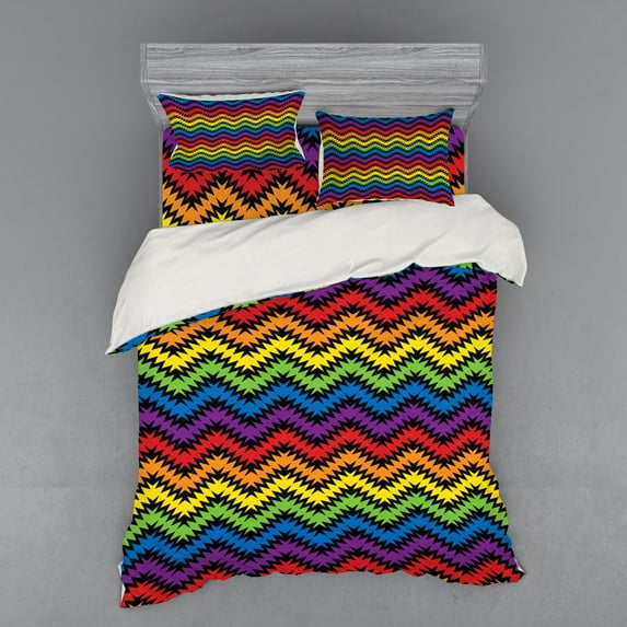 Ambesonne Chevron Bedding Set 4 Pcs, Jagged Zigzag Pattern, Queen, Multicolor