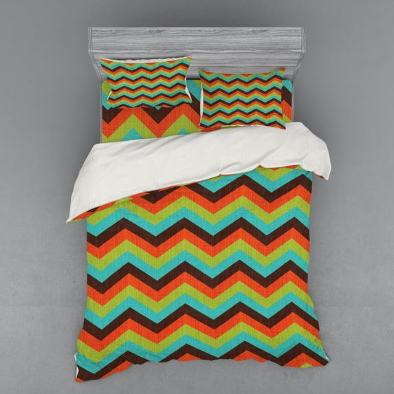Ambesonne Chevron Bedding Set 4 Pcs, Royal, Queen, Multicolor