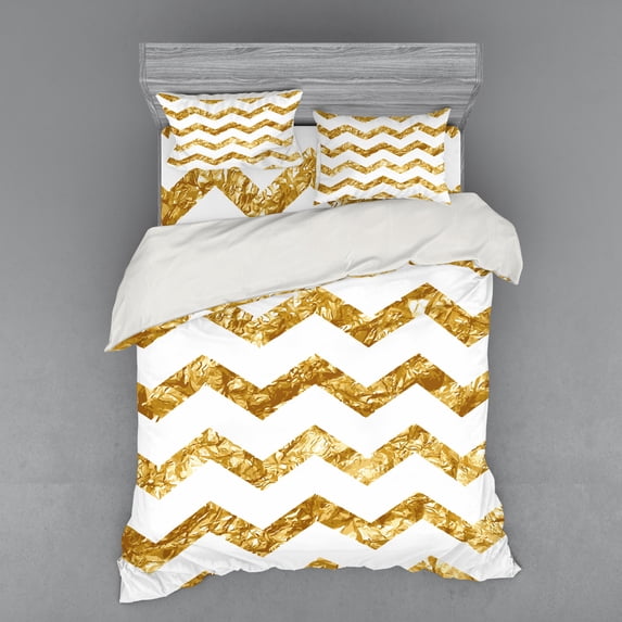 Ambesonne Chevron Bedding Set 4 Pcs, Zigzag Pattern Modern, Queen, Pale Coffee White