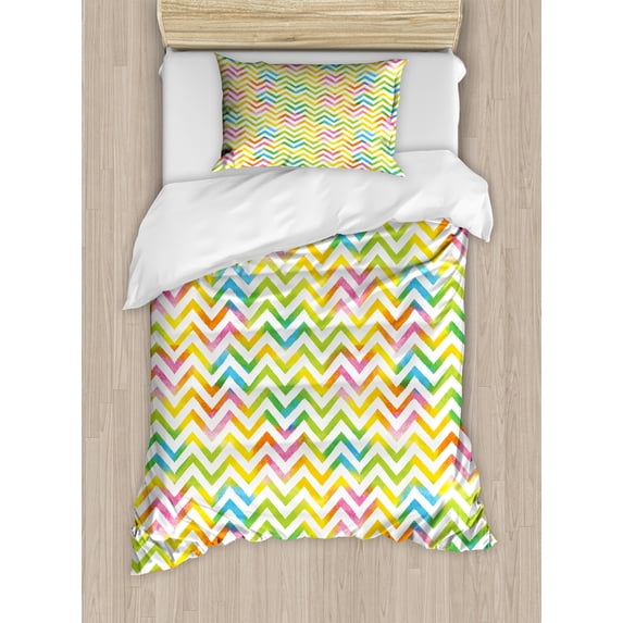 Ambesonne Chevron Duvet Cover Sets, Colorful Geometrical, 2-Twin, Multicolor
