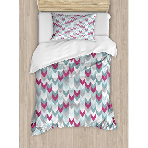 Ambesonne Chevron Duvet Cover Sets, Symmetric Stripes Arrow, 2-Twin, Turquoise Pale Grey