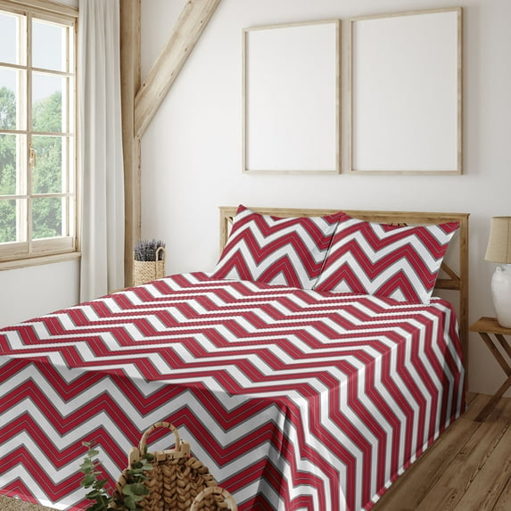 Ambesonne Chevron Fitted & Flat Sheet with Sham 3 Pcs Set, Art Abstract Zigzag Pattern, Twin XL, White Dark Pink and Black
