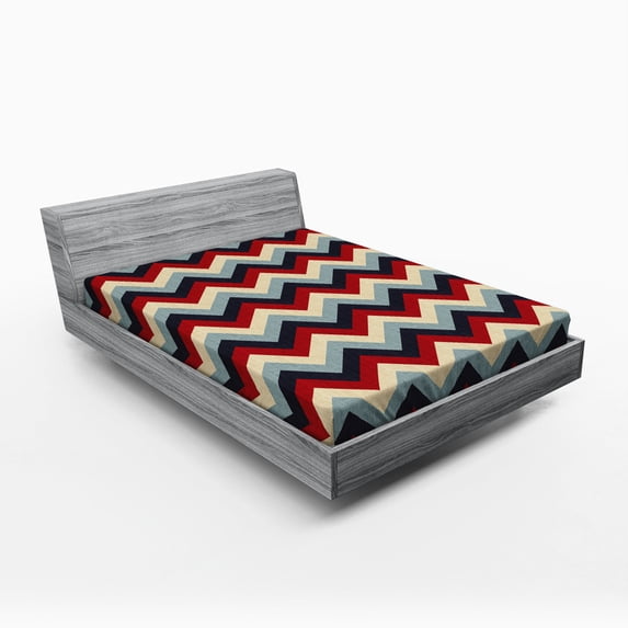 Ambesonne Chevron Fitted Sheet, Retro Abstract Stripes, Queen Size, Pale Blue Navy Blue