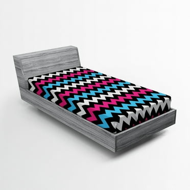 Ambesonne Chevron Fitted Sheet, Zigzag Colorful Twisty, Twin XL Size, Pink Sky Blue Black