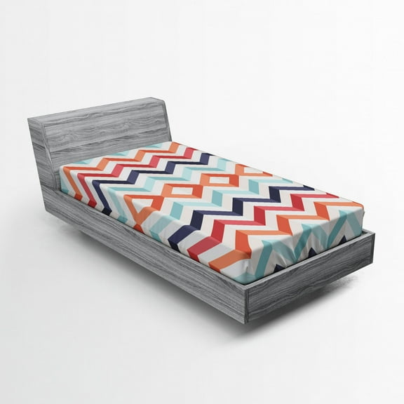 Ambesonne Chevron Fitted Sheet, Zigzag Lines Stripes, Twin Size, Blue Orange Red