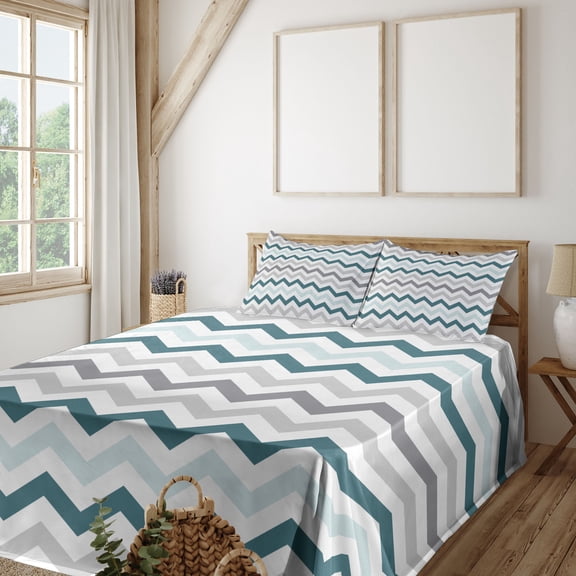 Ambesonne Chevron Fitted & Top Sheet Set with Shams, Simple Geometric Zigzags, Multicolor
