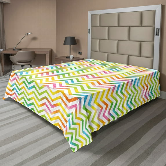 Ambesonne Chevron Flat Sheet, Colorful Geometrical, King Size, Multicolor