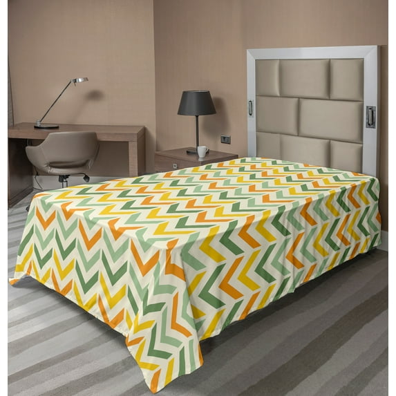Ambesonne Chevron Flat Sheet, Retro Zigzags Vertical, TwinXL Size, Green Yellow Orange