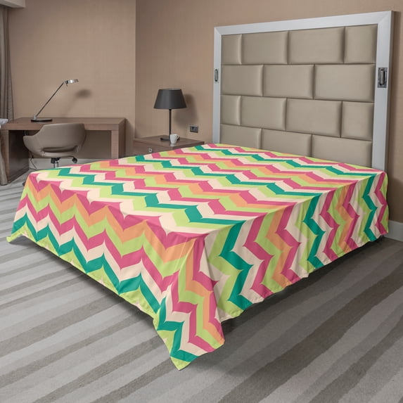 Ambesonne Chevron Flat Sheet, Sixties Funky Strokes, Full Size, Multicolor