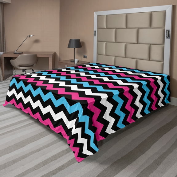 Ambesonne Chevron Flat Sheet, Zigzag Colorful Twisty, California King, Pink Sky Blue Black