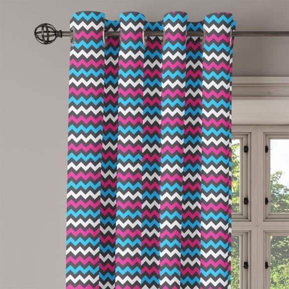 Ambesonne Chevron Grommet Curtain Single Panel, Zigzag Colorful Twisty, 50"x60", Pink Sky Blue Black
