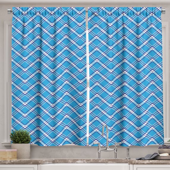 Ambesonne Chevron Kitchen Curtains, Bluish Zigzag Plaid Art, 55"x30", Deep Sky Blue and White