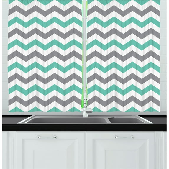 Ambesonne Chevron Kitchen Curtains, Geometric Wavy Zigzag, 55"x45", Seafoam Grey White