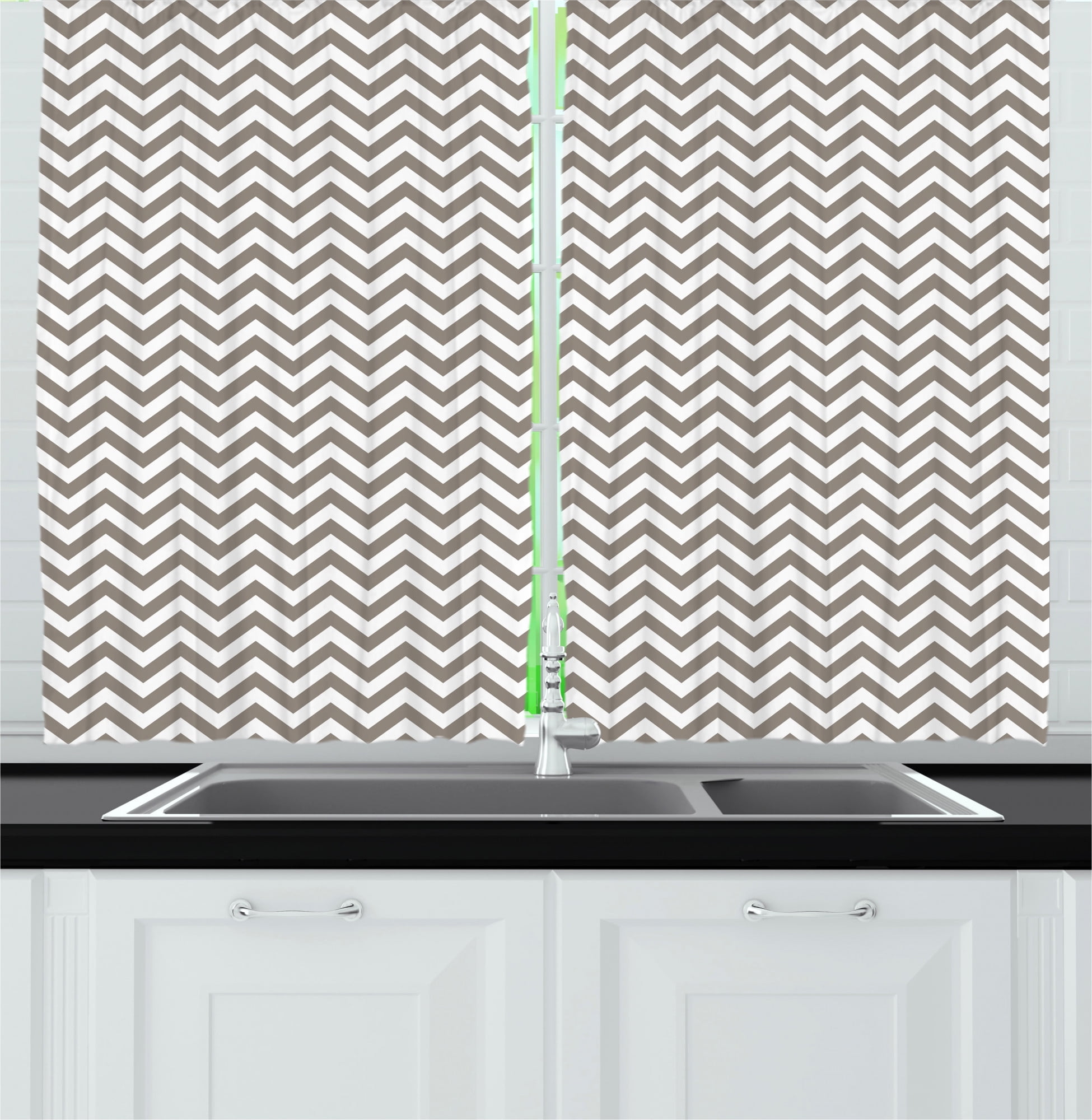 Ambesonne Chevron Kitchen Curtains, Grey and White Zig Zag, 55"x45