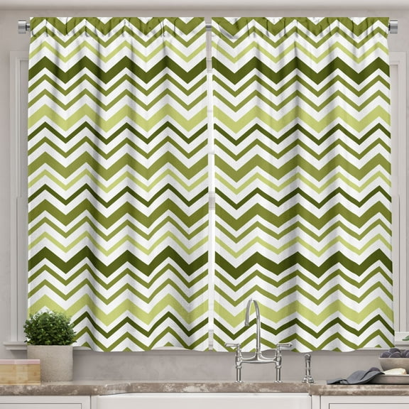 Ambesonne Chevron Kitchen Curtains, Modern Striped Zigzag Art, 55"x36", Olive Green and White