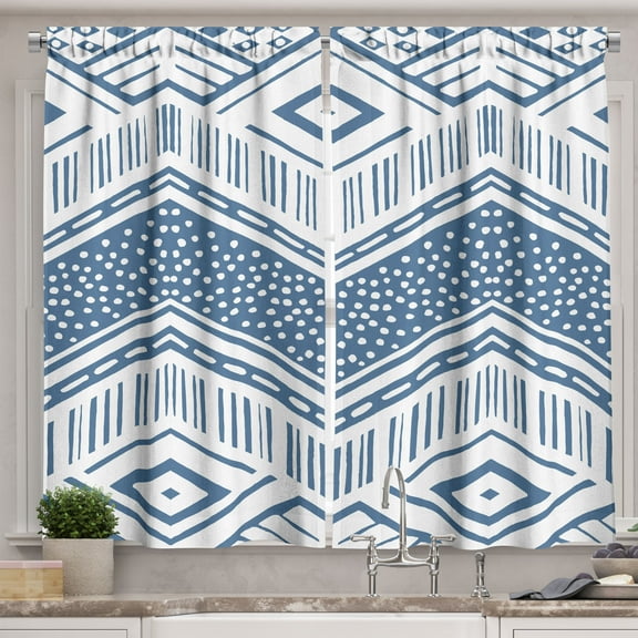 Ambesonne Chevron Kitchen Curtains, Tribal Sketchy Zigzags Art, 55"x24", Sea Blue and White