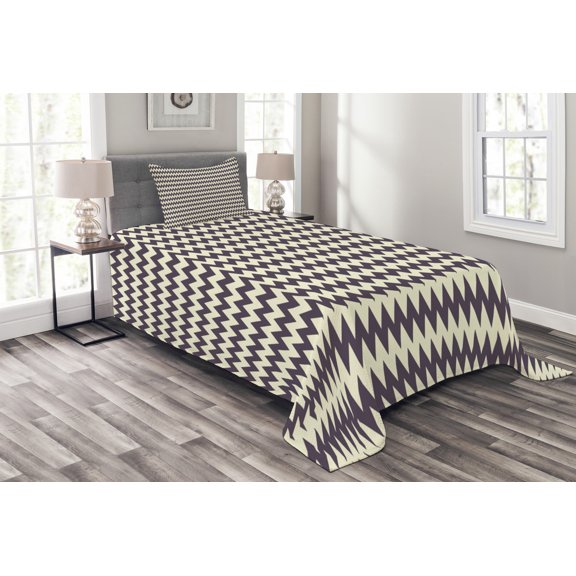 Ambesonne Chevron Quilted Bedspread Set 2 Pcs, Narrow Sharp Zigzags, Twin Size, Dark Blue Cream