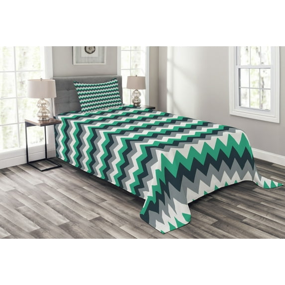 Ambesonne Chevron Quilted Bedspread Set 2 Pcs, Symmetric Arrows Stripe, Twin Size, Jade Green Grey White