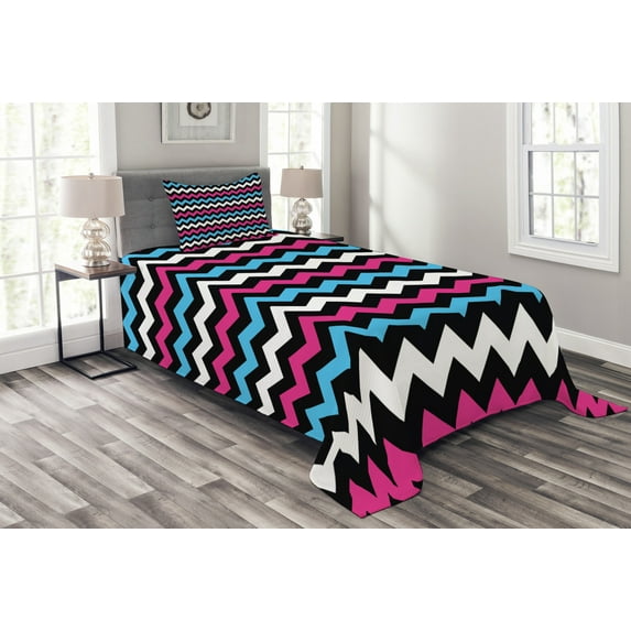 Ambesonne Chevron Quilted Bedspread Set 2 Pcs, Zigzag Colorful Twisty, Twin Size, Pink Sky Blue Black