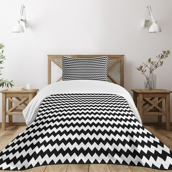 Ambesonne Chevron Quilted Bedspread Set 2 Pcs, Zigzags Black and White, Twin Size, Black White