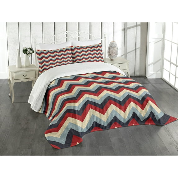 Ambesonne Chevron Quilted Bedspread Set 3 Pcs, Retro Abstract Stripes, Queen Size, Pale Blue Navy Blue