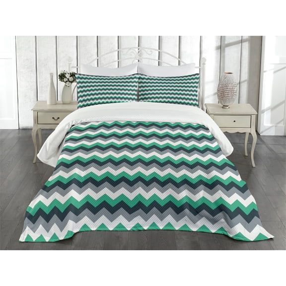 Ambesonne Chevron Quilted Bedspread Set 3 Pcs, Symmetric Arrows Stripe, King Size, Jade Green Grey White