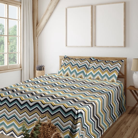 Ambesonne Chevron Retro Fitted & Flat Sheet with Shams 4 Pcs Set, Timeless Zigzag Lines, Calking, Khaki Blue Grey Sepia
