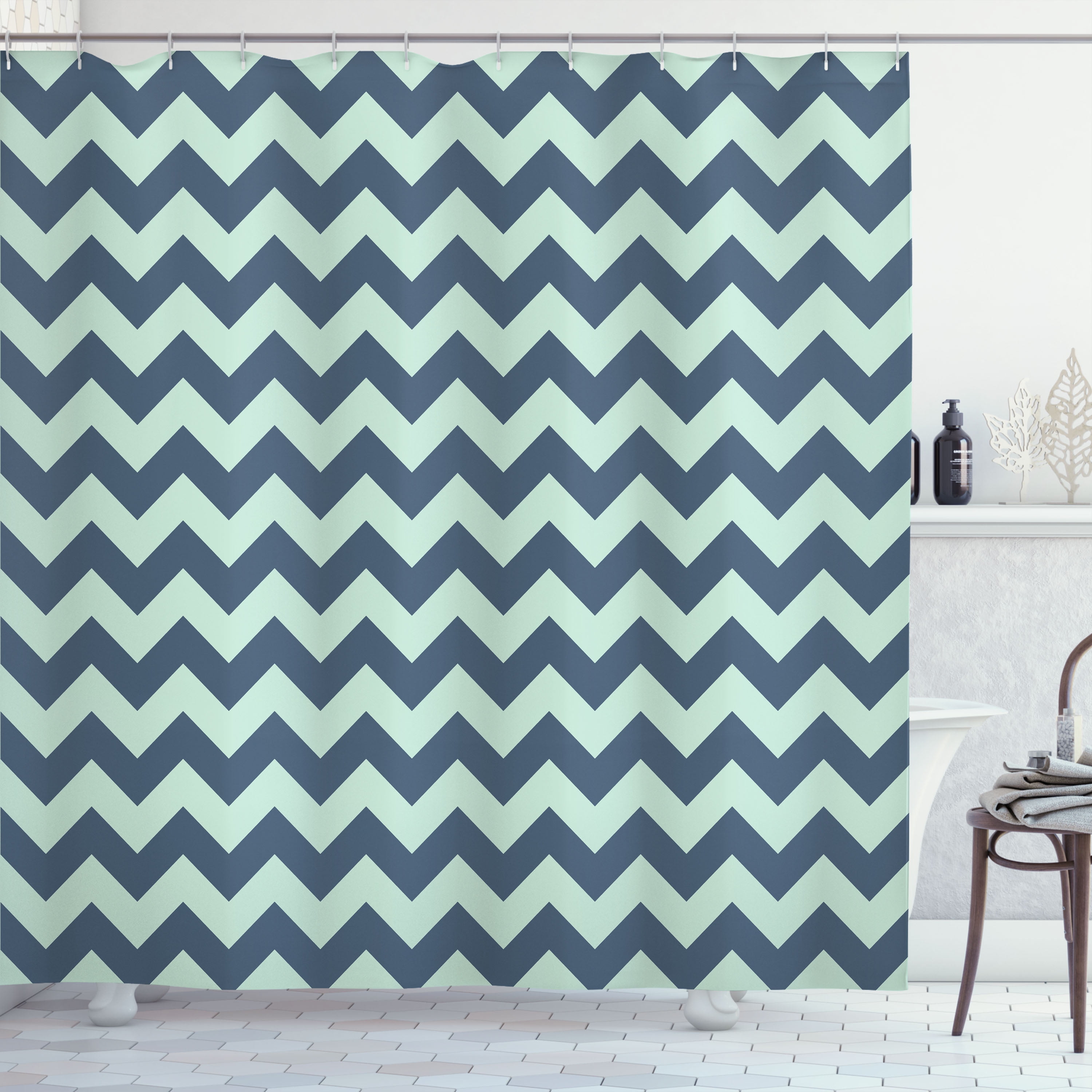 Sea Blue Chevron Geometric Zigzag Shower Curtain with Hooks