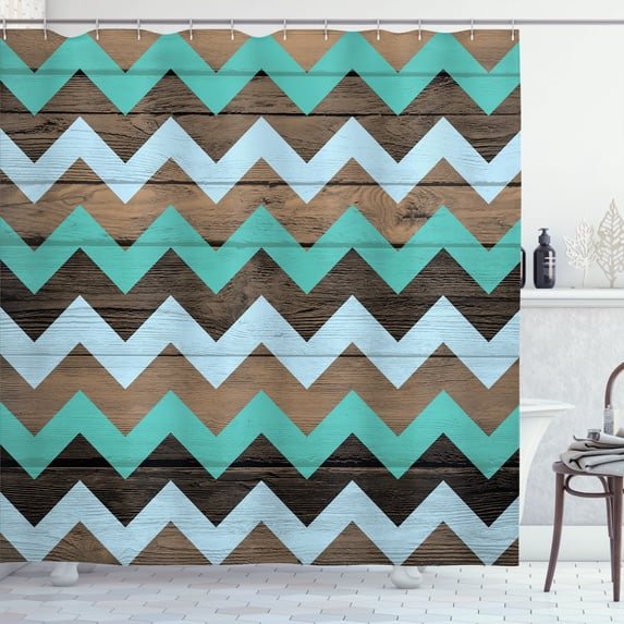 Ambesonne Chevron Shower Curtain, Zigzag Rustic Lines Pattern, 69"Wx75"L, Turquoise Camel