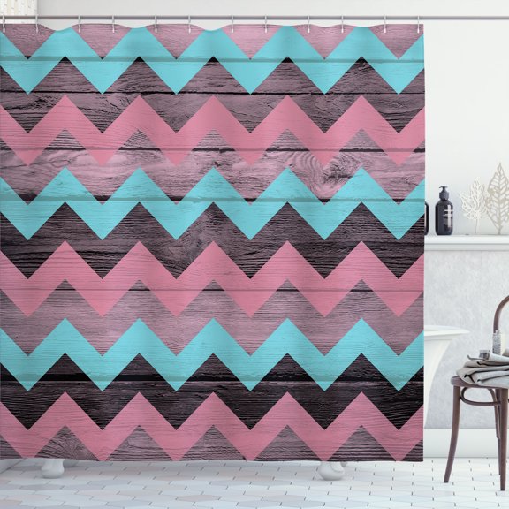 Ambesonne Chevron Shower Curtain, Zigzag Rustic Lines Pattern, 69"Wx84"L, Pastel Pink