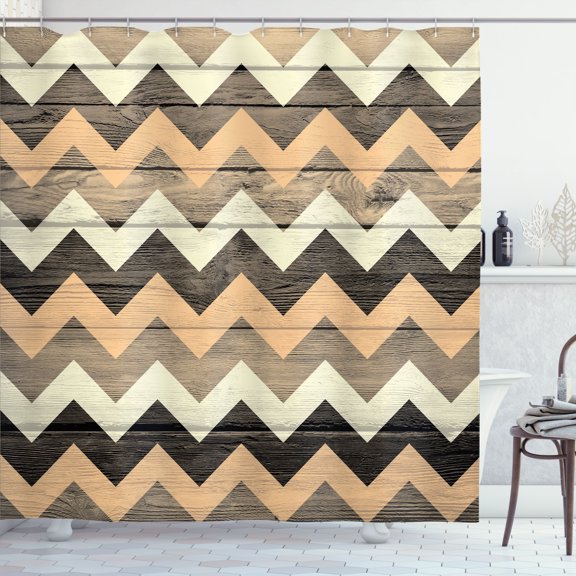Ambesonne Chevron Shower Curtain, Zigzag Stripes Rustic Look, 69"Wx70"L, Pastel Brown